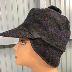 Plaid Gray Tweed Purple Stripe Wool 6 3/4 Winter Pom Ear Flaps Hat Made USA
